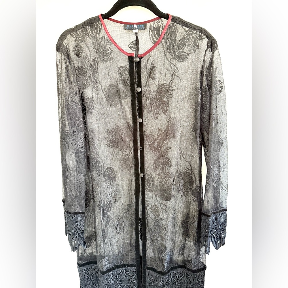 Sue Wong Nocturne Vintage 90s Black Lace Cardigan Jacket Coat Velvet Trim Sz M - Picture 4 of 13